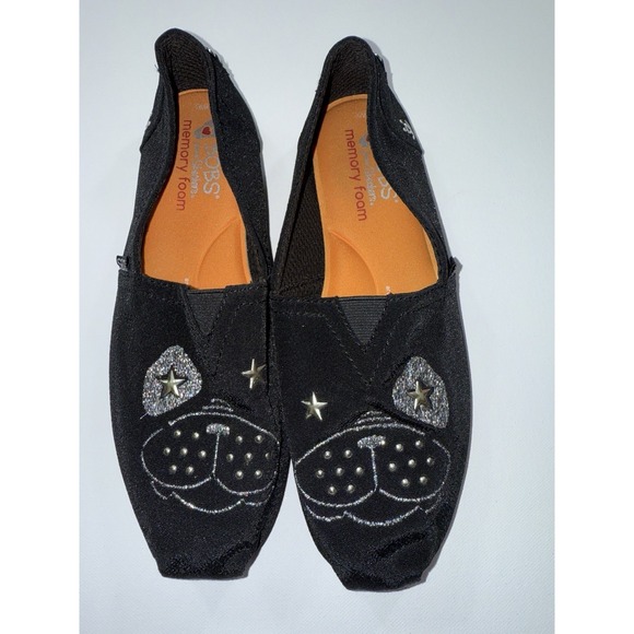 BOBS by Skechers Black Slip On Flats Dog Cat Face Stars Memory Foam Women's 9.5 - Picture 2 of 9